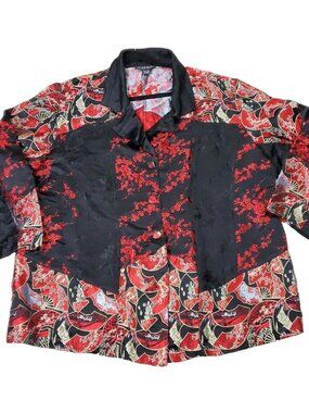 Citron Santa Monica Silk Jacket Womens 3X Plus Size Red Black Button Shirt